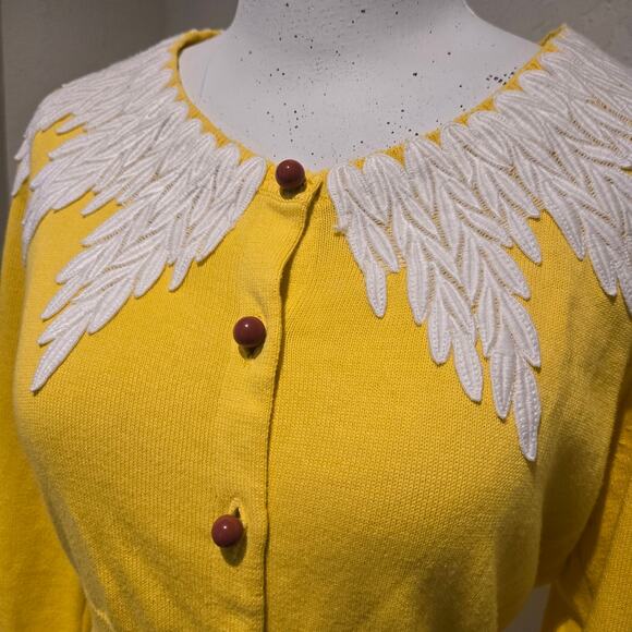 Moth Anthropologie Sunny Yellow Cotton Wysteria Lace Trim Fitted Cardigan, Med - Picture 3 of 9